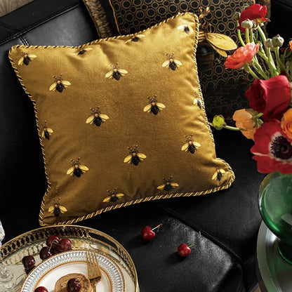 Housse de Coussin Rétro Dorée – Style Artistique Européen Luxe avec Imprimé Abeille