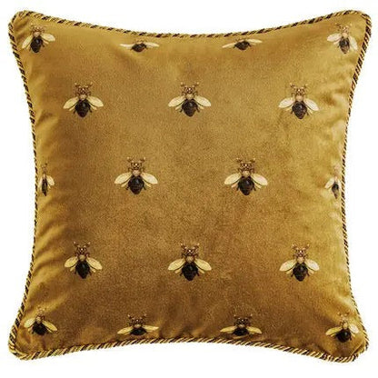 Housse de Coussin Rétro Dorée – Style Artistique Européen Luxe avec Imprimé Abeille